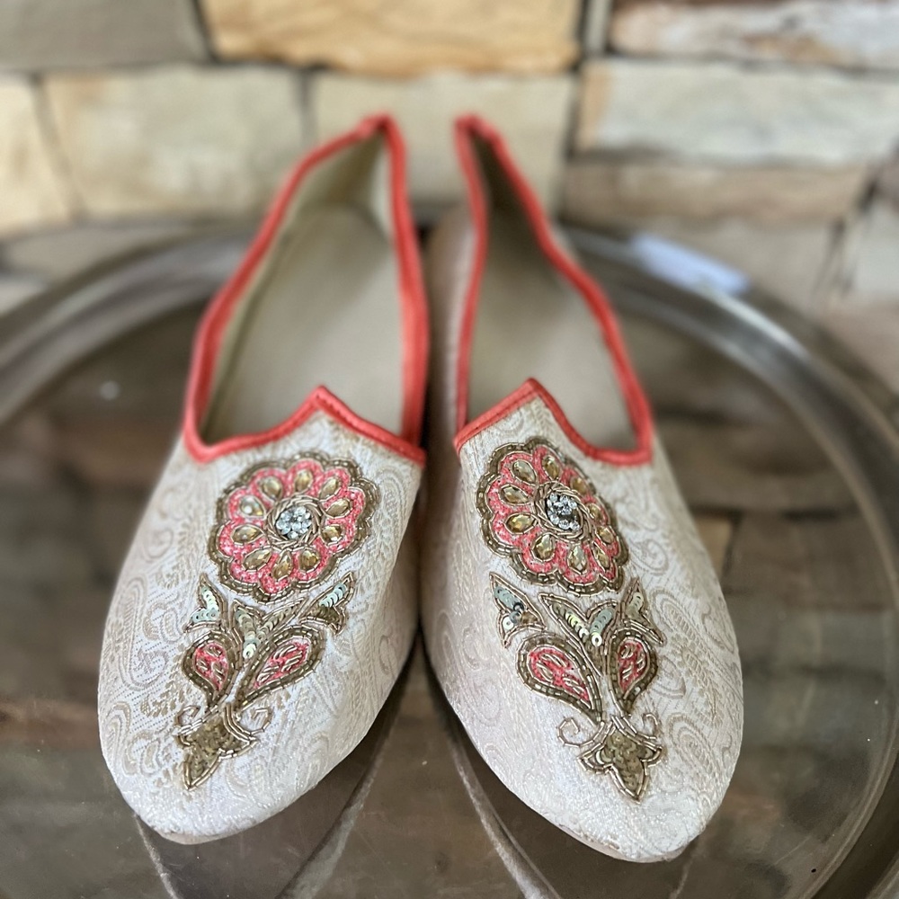 Orange Gold Jutti/Mojri Indian Punjabi Wedding Slippers shoes size 9